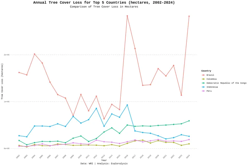 Top 5 Forest Countries by Annual Tree Cover Loss (2002–2024)
