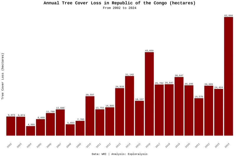 Annual tree cover loss in Republic of the Congo (hectares, 2002–2024)